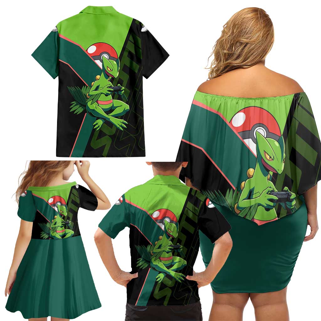 Sceptile Poké Family Matching Off Shoulder Short Dress and Hawaiian Shirt Neon Retro Anime Style