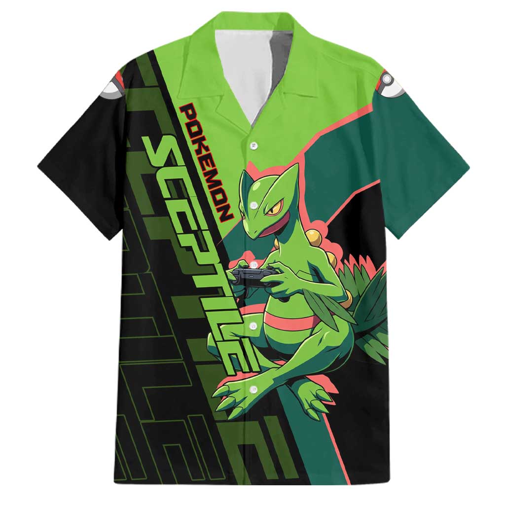 Sceptile Poké Family Matching Off Shoulder Short Dress and Hawaiian Shirt Neon Retro Anime Style