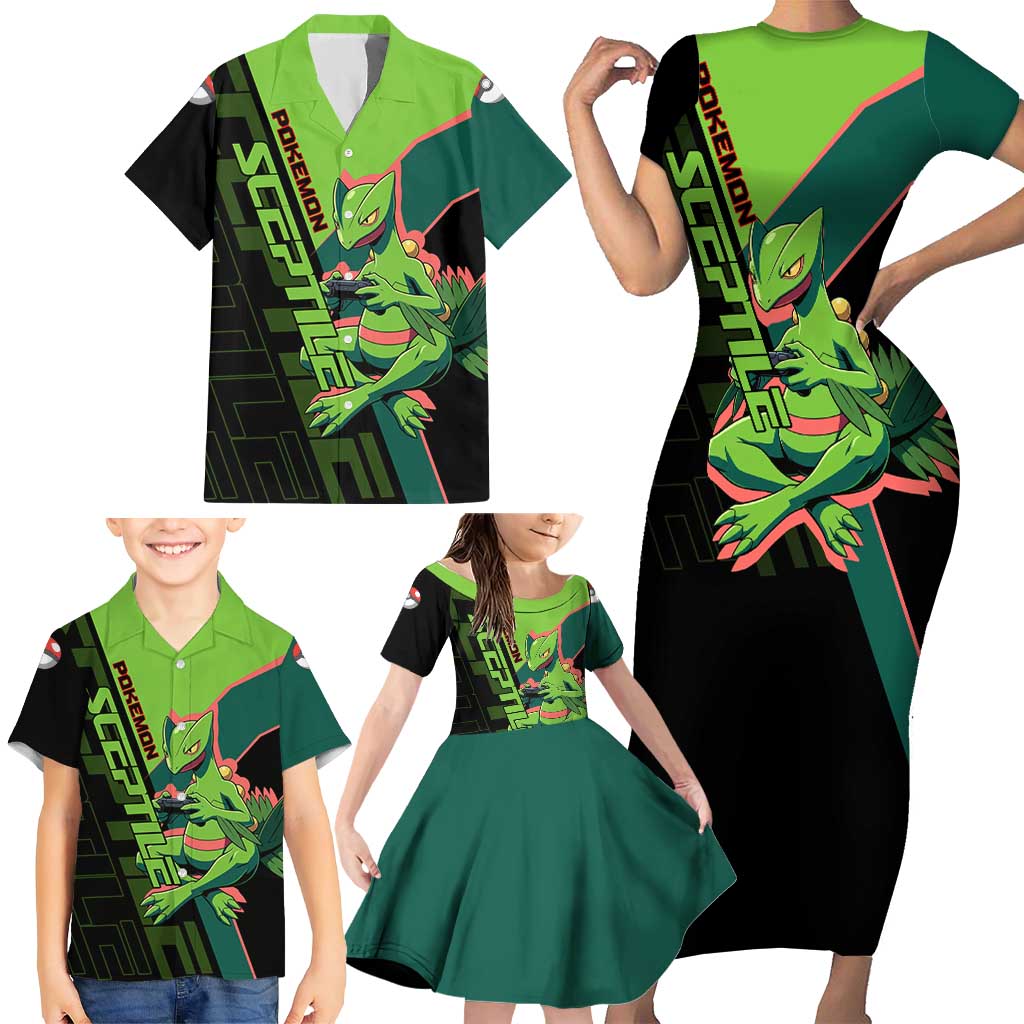 Sceptile Poké Family Matching Short Sleeve Bodycon Dress and Hawaiian Shirt Neon Retro Anime Style