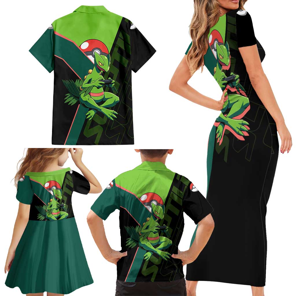Sceptile Poké Family Matching Short Sleeve Bodycon Dress and Hawaiian Shirt Neon Retro Anime Style