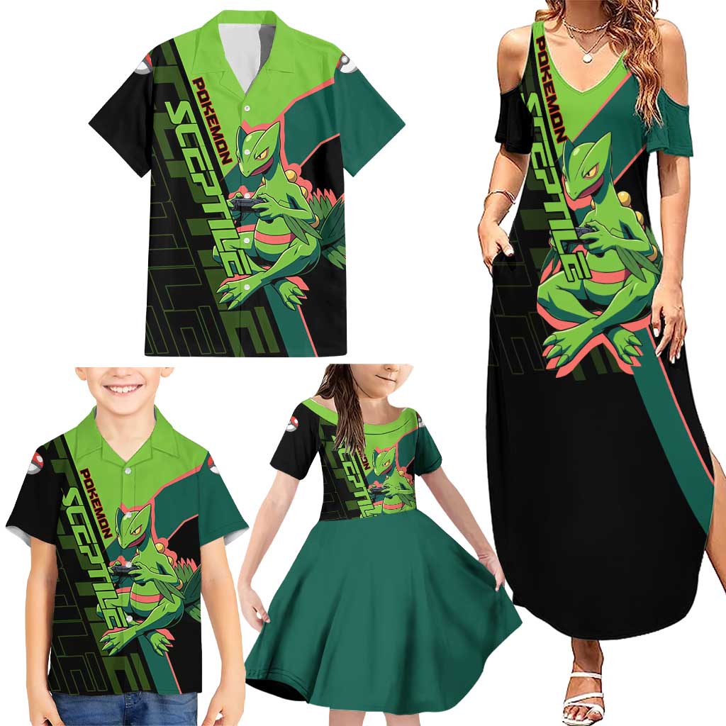 Sceptile Poké Family Matching Summer Maxi Dress and Hawaiian Shirt Neon Retro Anime Style