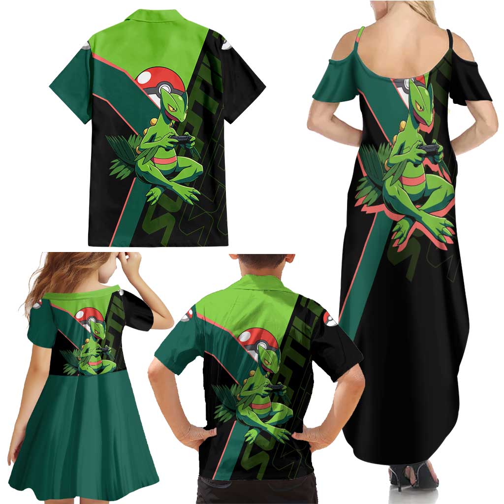 Sceptile Poké Family Matching Summer Maxi Dress and Hawaiian Shirt Neon Retro Anime Style