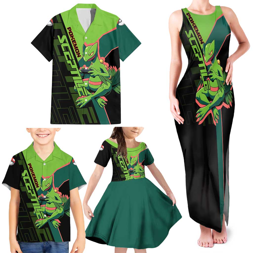 Sceptile Poké Family Matching Tank Maxi Dress and Hawaiian Shirt Neon Retro Anime Style
