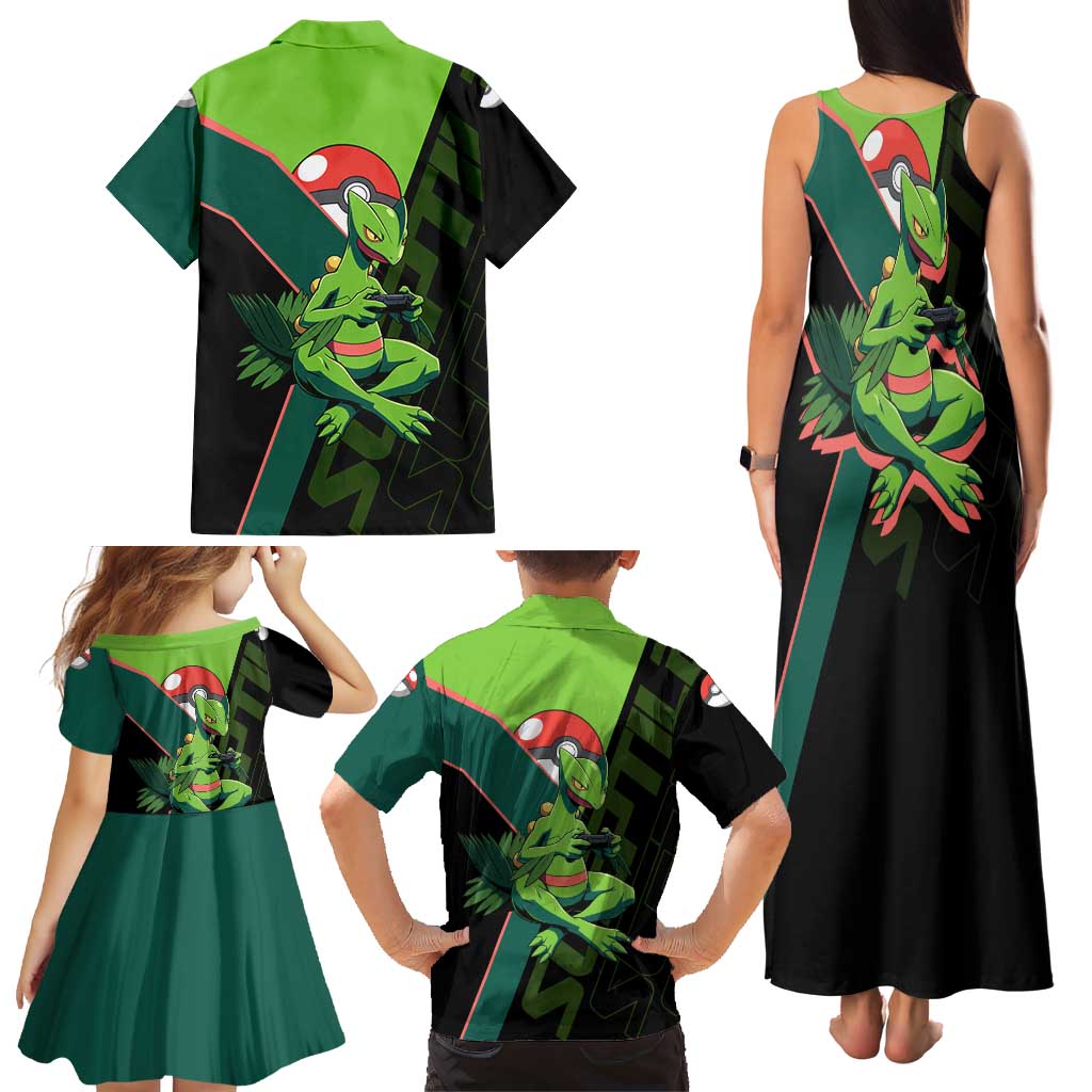 Sceptile Poké Family Matching Tank Maxi Dress and Hawaiian Shirt Neon Retro Anime Style