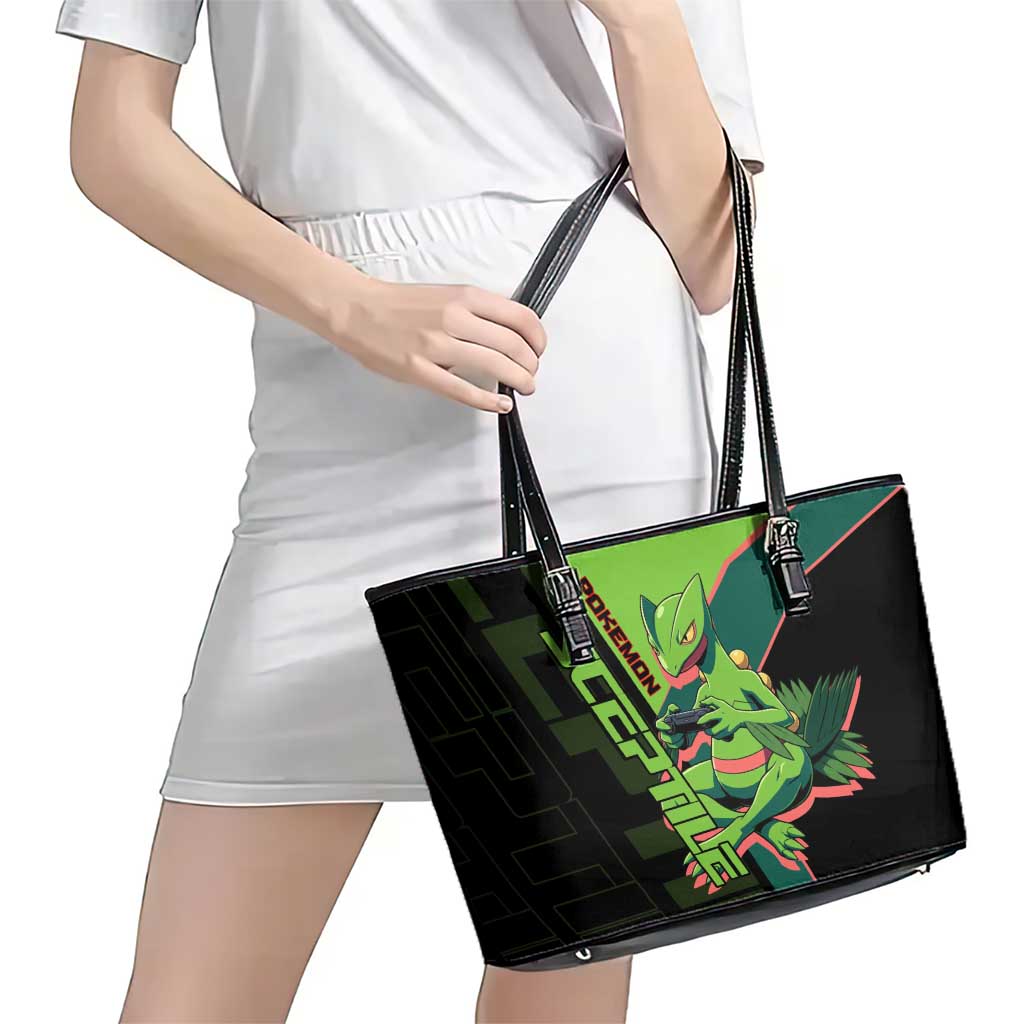 Sceptile Poké Leather Tote Bag Neon Retro Anime Style