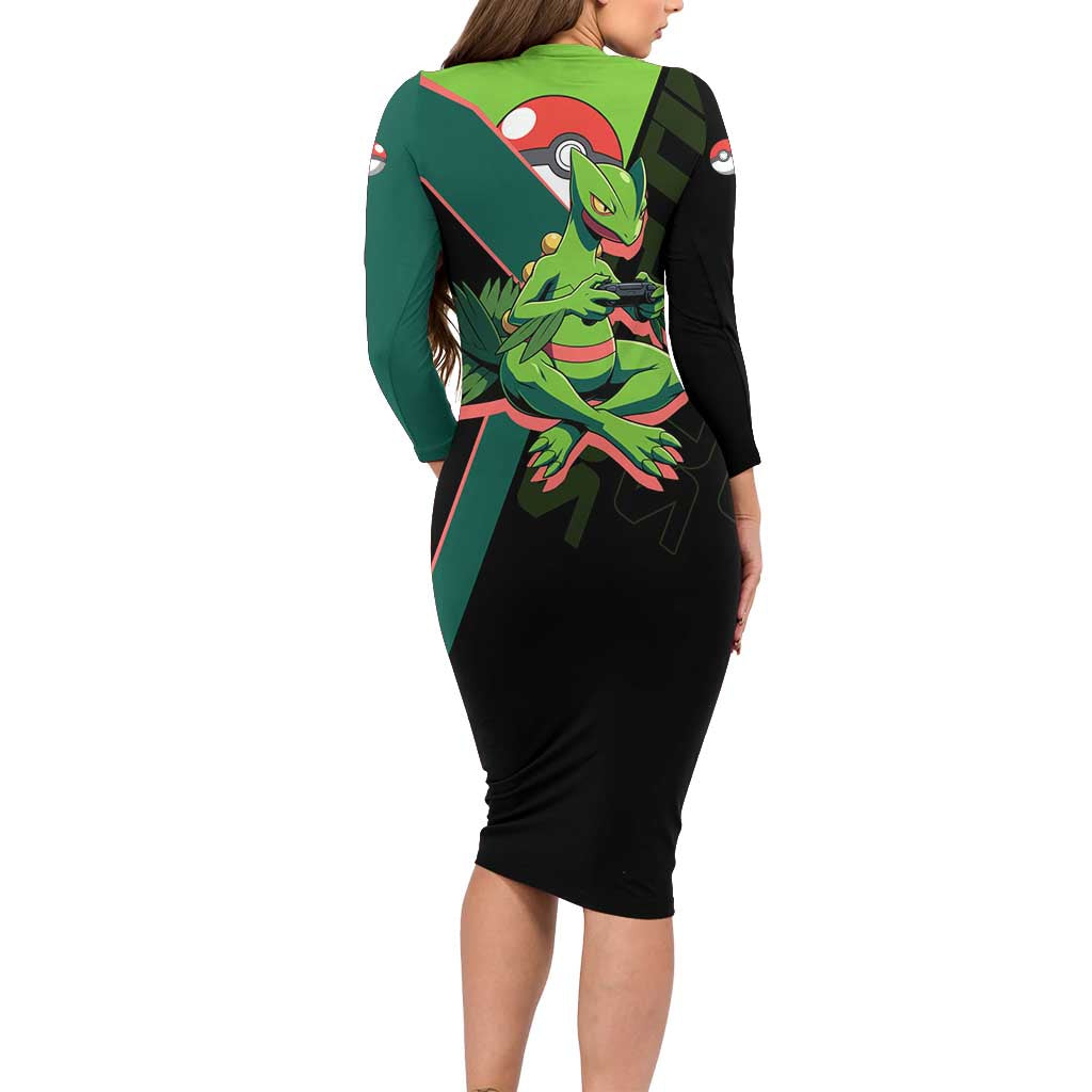 Sceptile Poké Long Sleeve Bodycon Dress Neon Retro Anime Style
