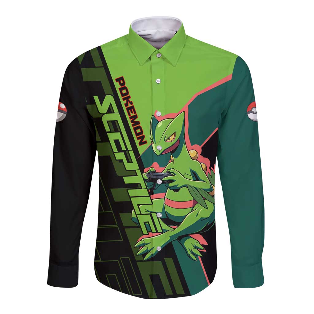 Sceptile Poké Long Sleeve Button Shirt Neon Retro Anime Style