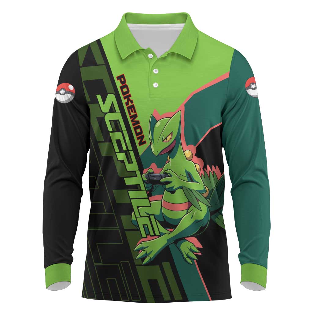 Sceptile Poké Long Sleeve Polo Shirt Neon Retro Anime Style