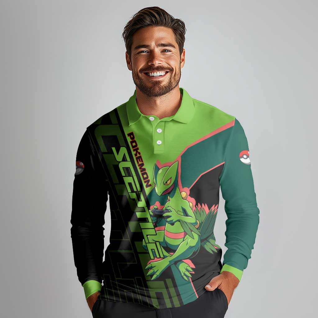 Sceptile Poké Long Sleeve Polo Shirt Neon Retro Anime Style