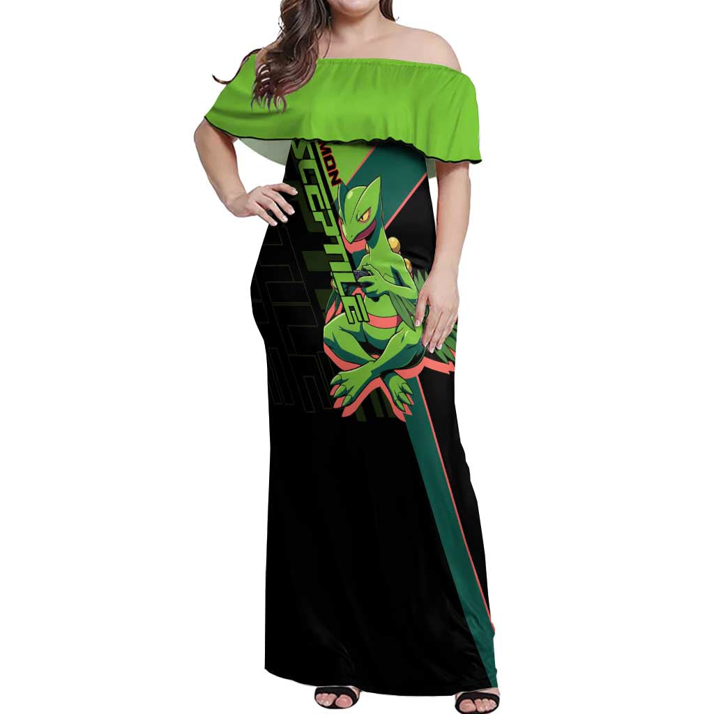 Sceptile Poké Off Shoulder Maxi Dress Neon Retro Anime Style