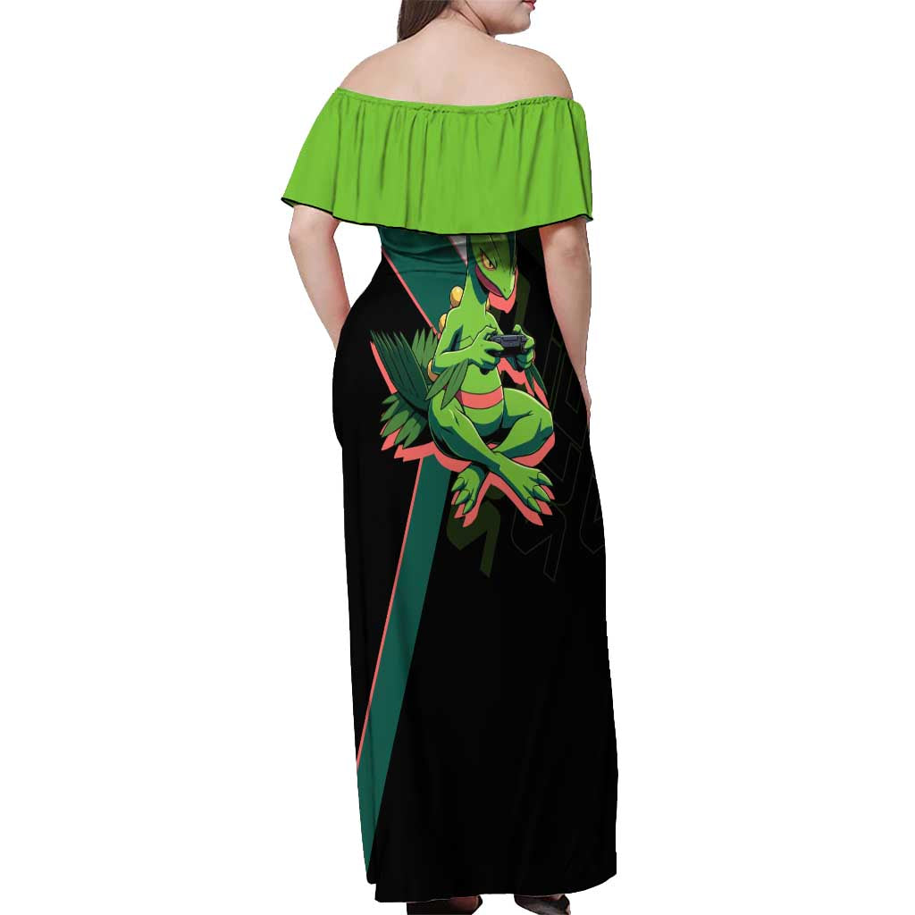Sceptile Poké Off Shoulder Maxi Dress Neon Retro Anime Style