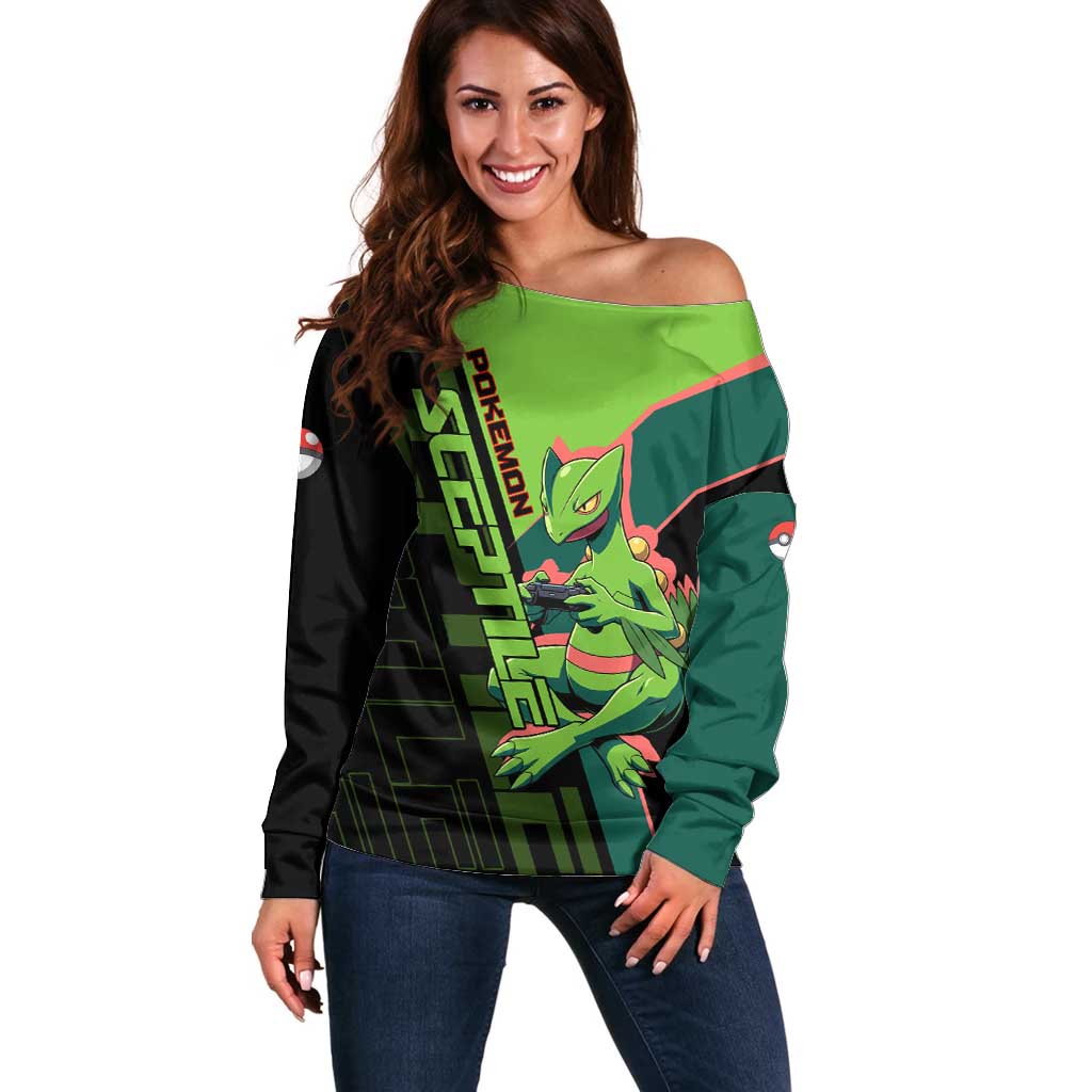 Sceptile Poké Off Shoulder Sweater Neon Retro Anime Style
