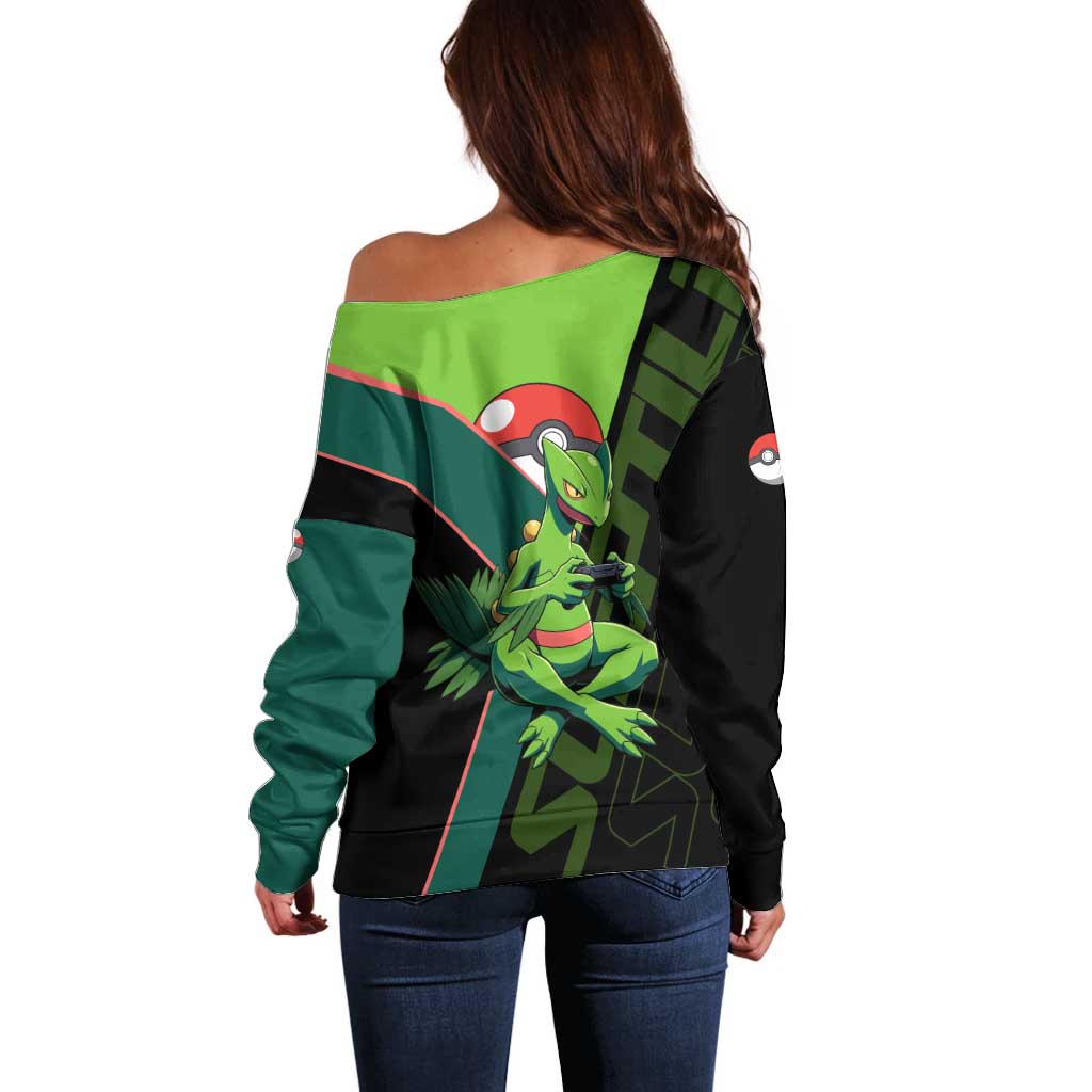 Sceptile Poké Off Shoulder Sweater Neon Retro Anime Style