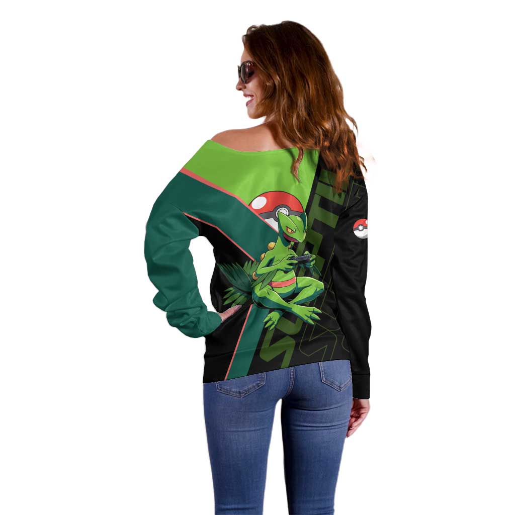 Sceptile Poké Off Shoulder Sweater Neon Retro Anime Style