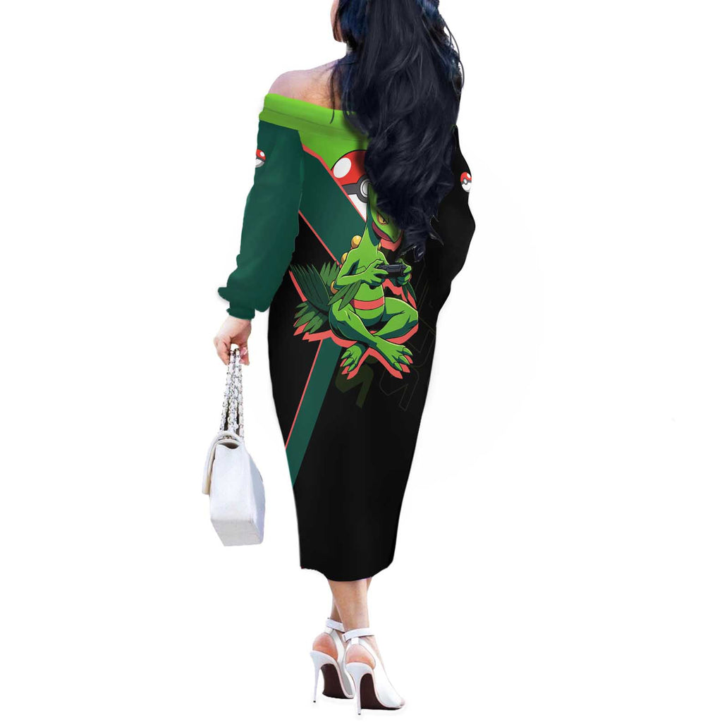 Sceptile Poké Off The Shoulder Long Sleeve Dress Neon Retro Anime Style