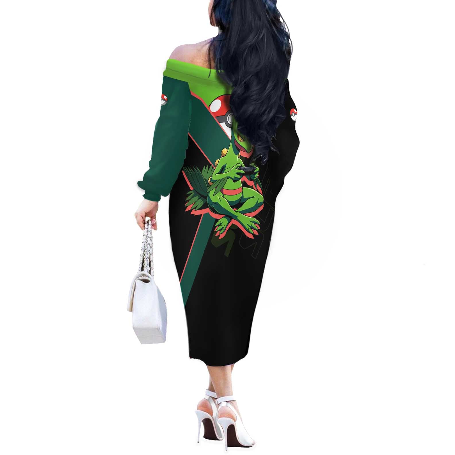 Sceptile Poké Off The Shoulder Long Sleeve Dress Neon Retro Anime Style