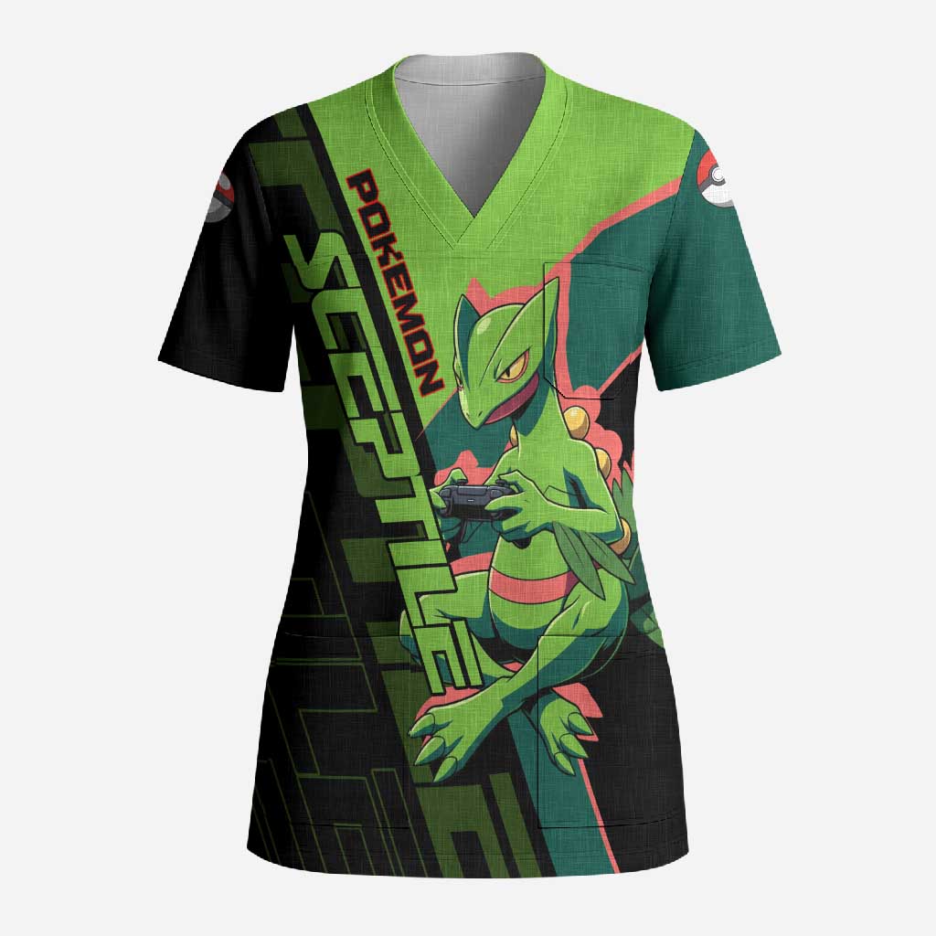 Sceptile Poké Scrub Top Neon Retro Anime Style