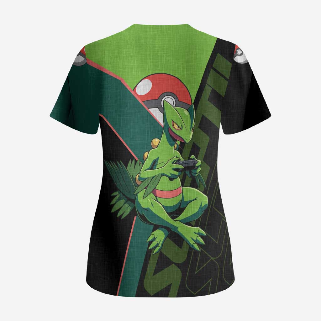 Sceptile Poké Scrub Top Neon Retro Anime Style