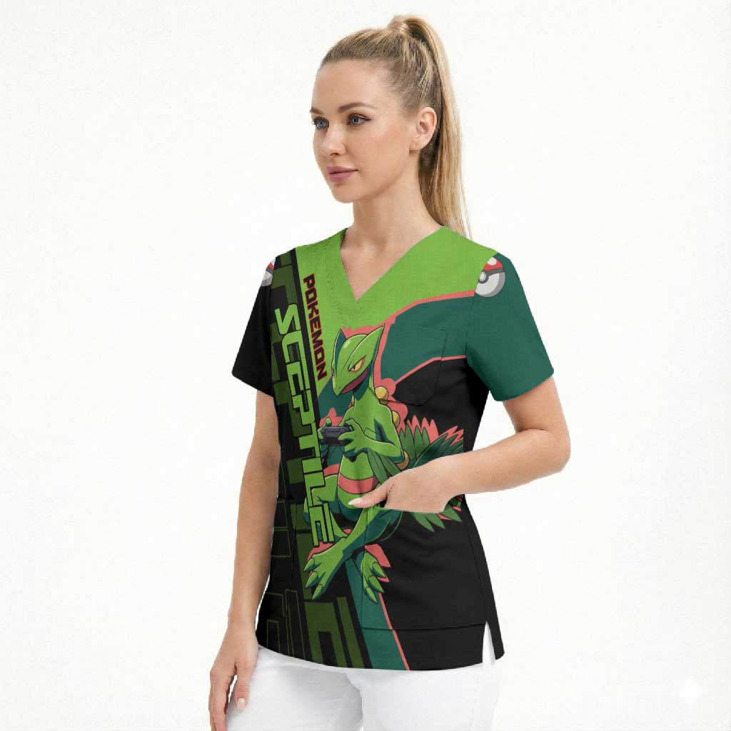 Sceptile Poké Scrub Top Neon Retro Anime Style