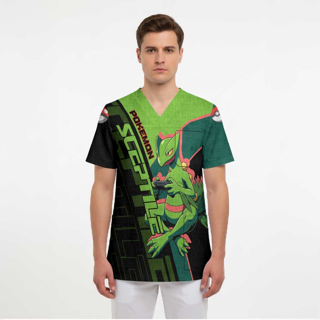 Sceptile Poké Scrub Top Neon Retro Anime Style