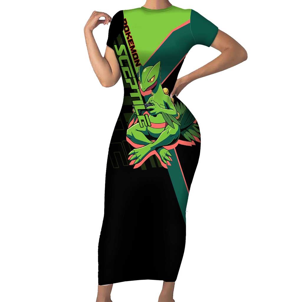 Sceptile Poké Short Sleeve Bodycon Dress Neon Retro Anime Style