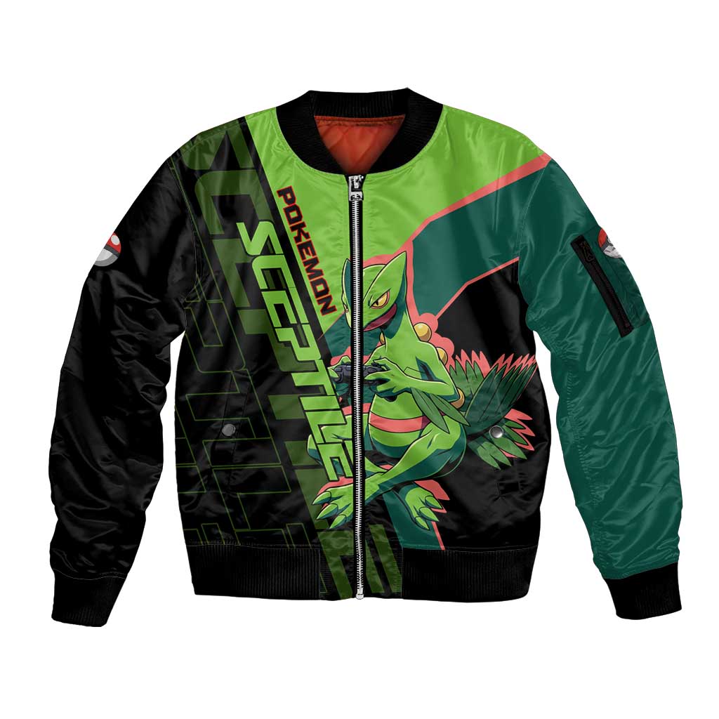 Sceptile Poké Sleeve Zip Bomber Jacket Neon Retro Anime Style