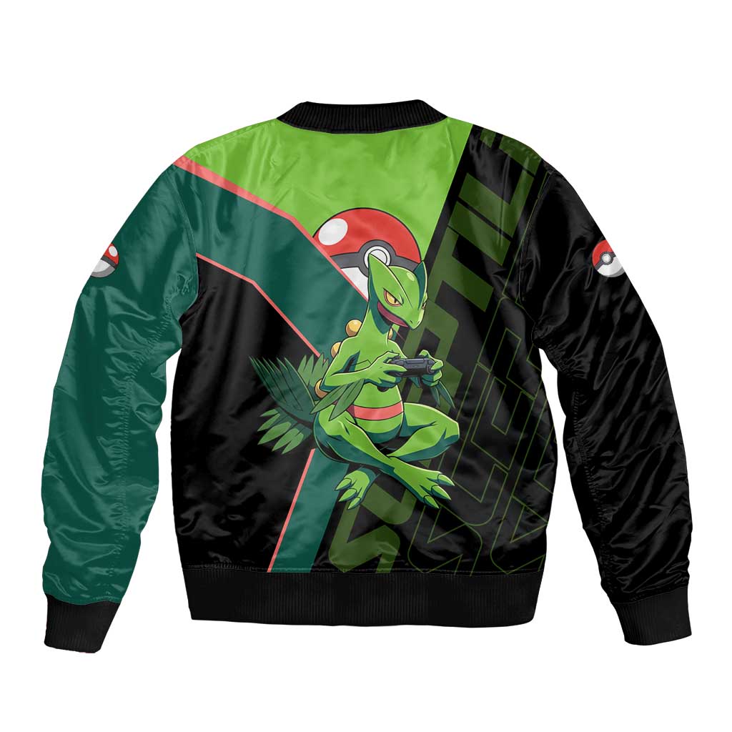 Sceptile Poké Sleeve Zip Bomber Jacket Neon Retro Anime Style