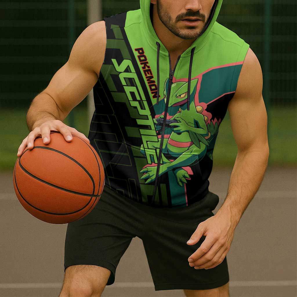 Sceptile Poké Sleeveless Zip Hoodie Neon Retro Anime Style