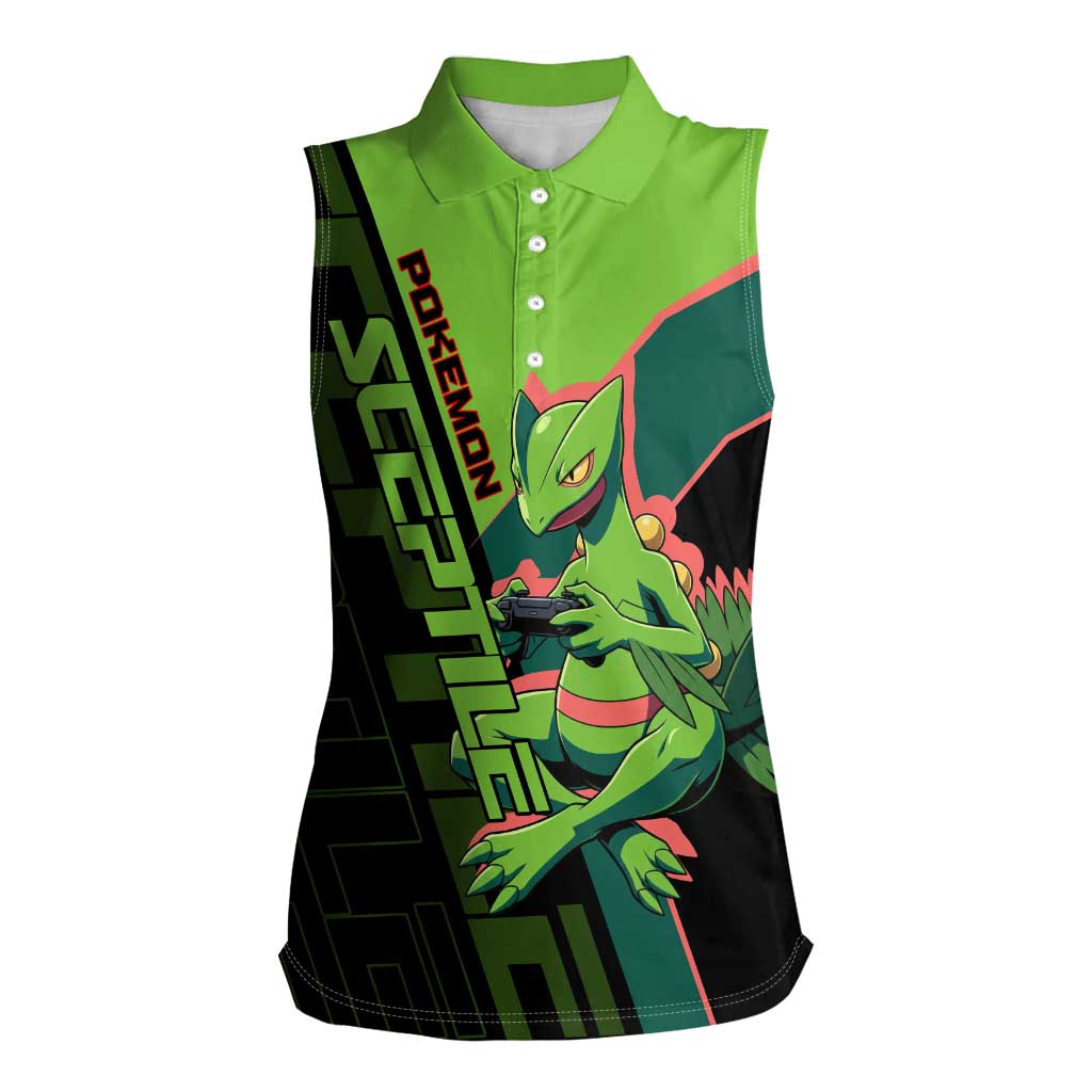 Sceptile Poké Women Sleeveless Polo Shirt Neon Retro Anime Style