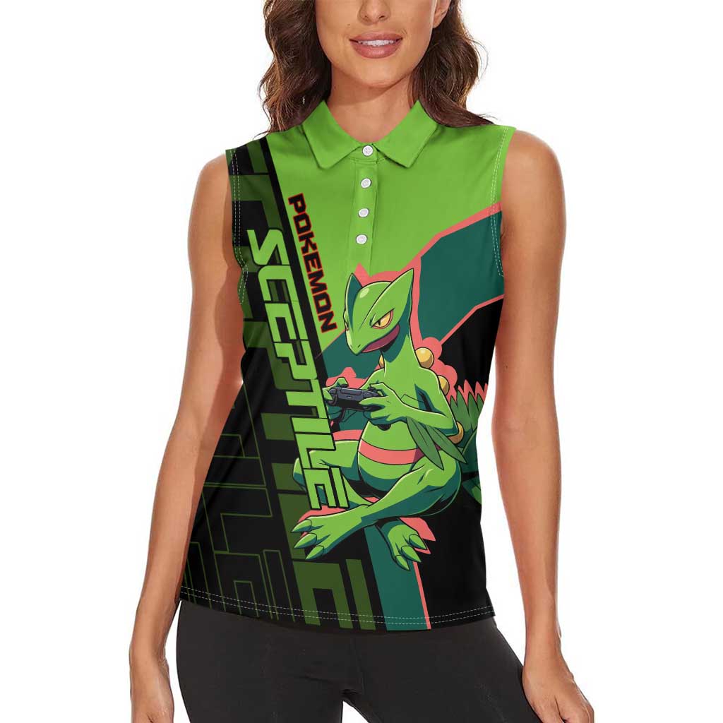 Sceptile Poké Women Sleeveless Polo Shirt Neon Retro Anime Style