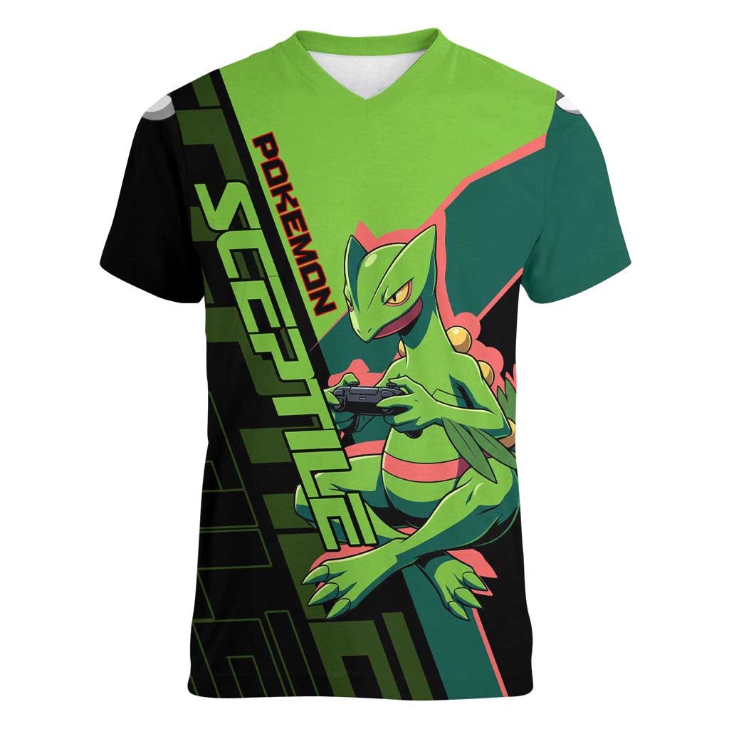 Sceptile Poké Women V-Neck T-Shirt Neon Retro Anime Style