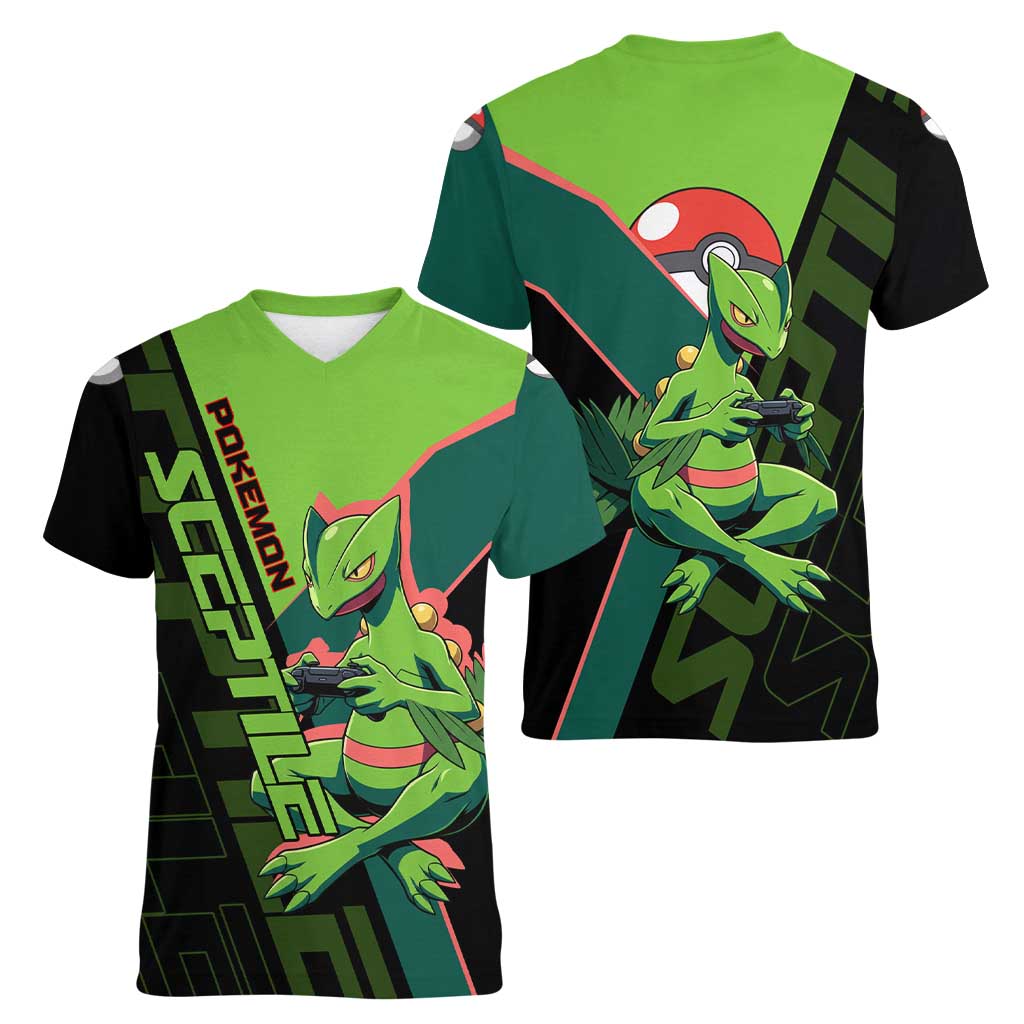 Sceptile Poké Women V-Neck T-Shirt Neon Retro Anime Style