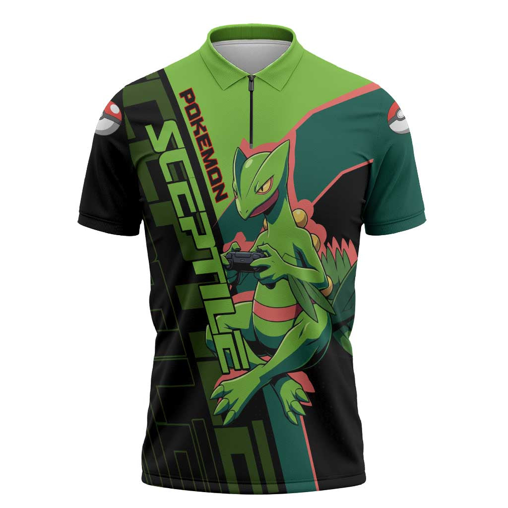 Sceptile Poké Zipper Polo Shirt Neon Retro Anime Style