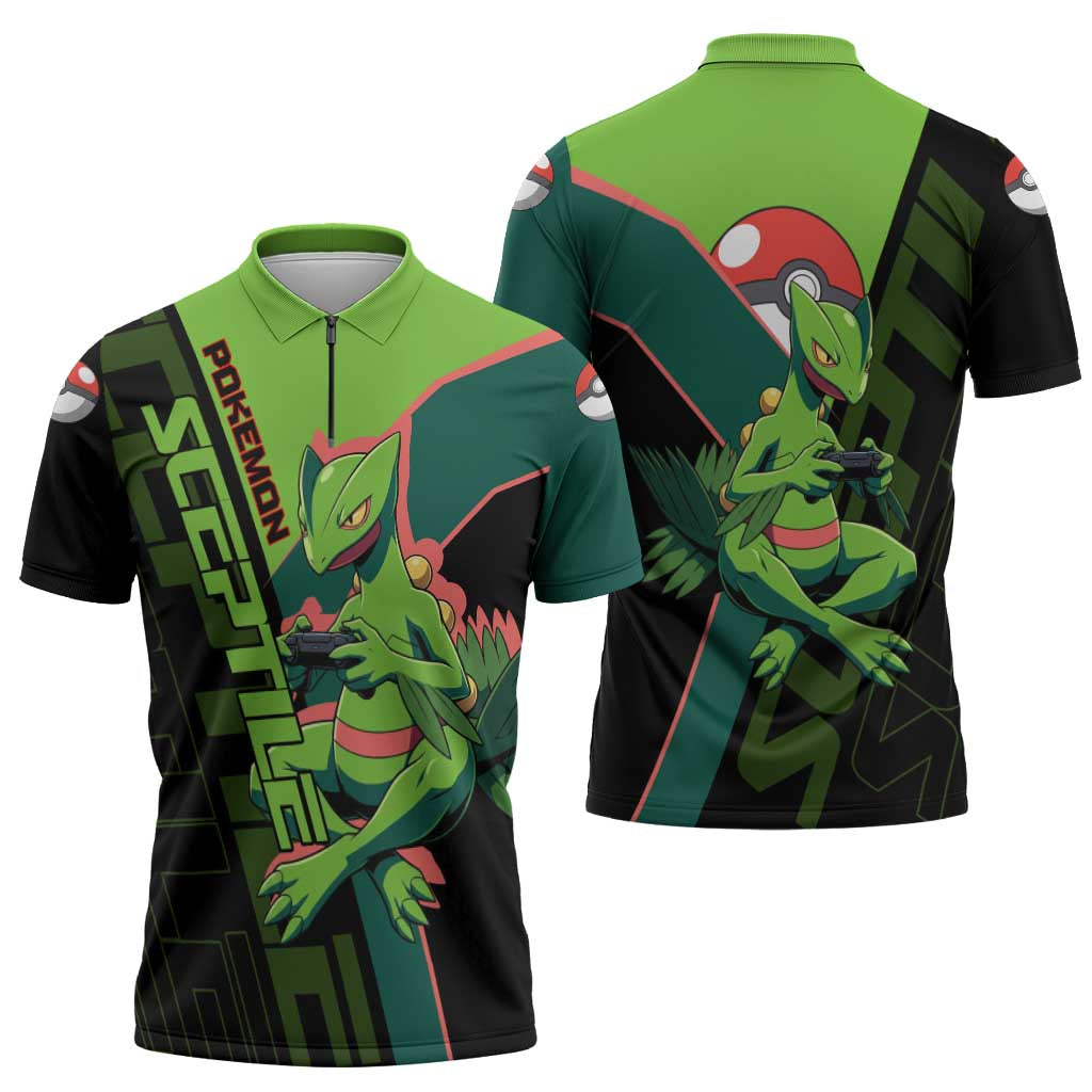Sceptile Poké Zipper Polo Shirt Neon Retro Anime Style