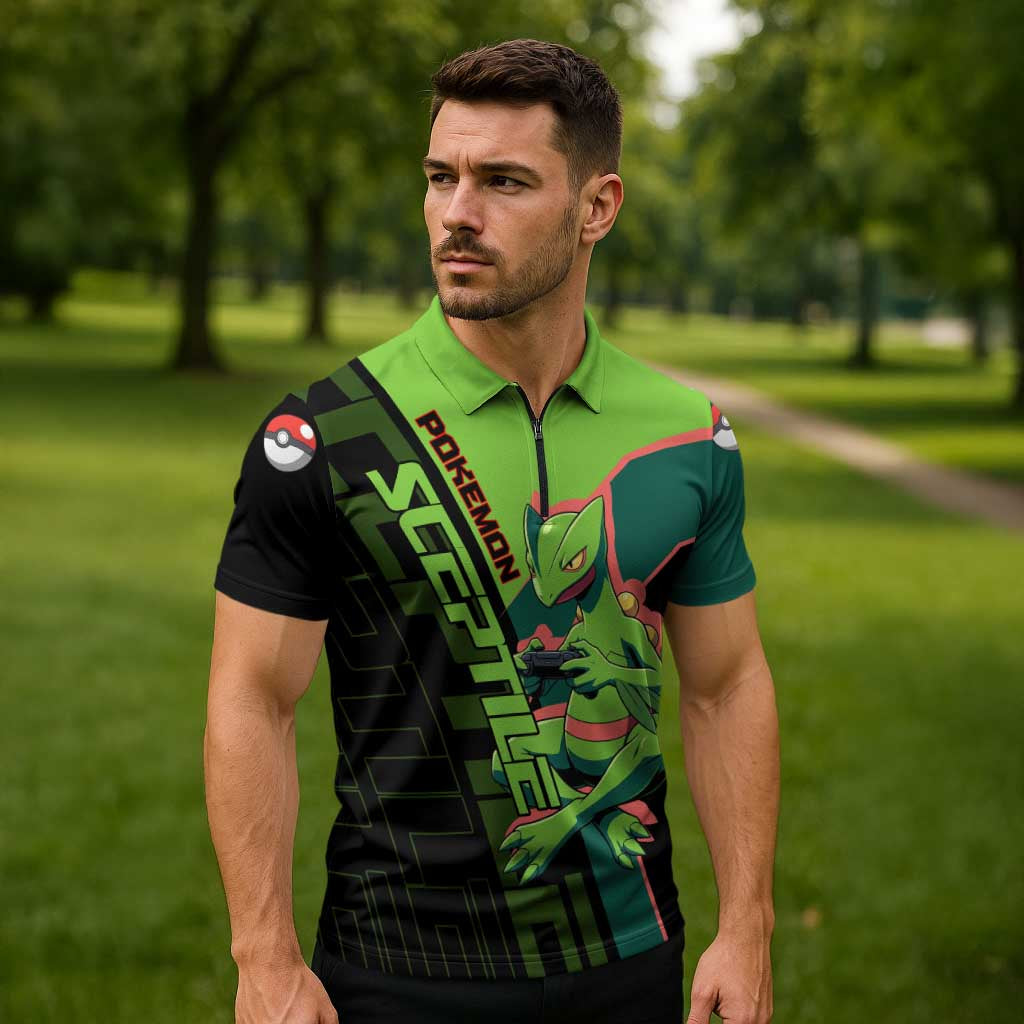 Sceptile Poké Zipper Polo Shirt Neon Retro Anime Style