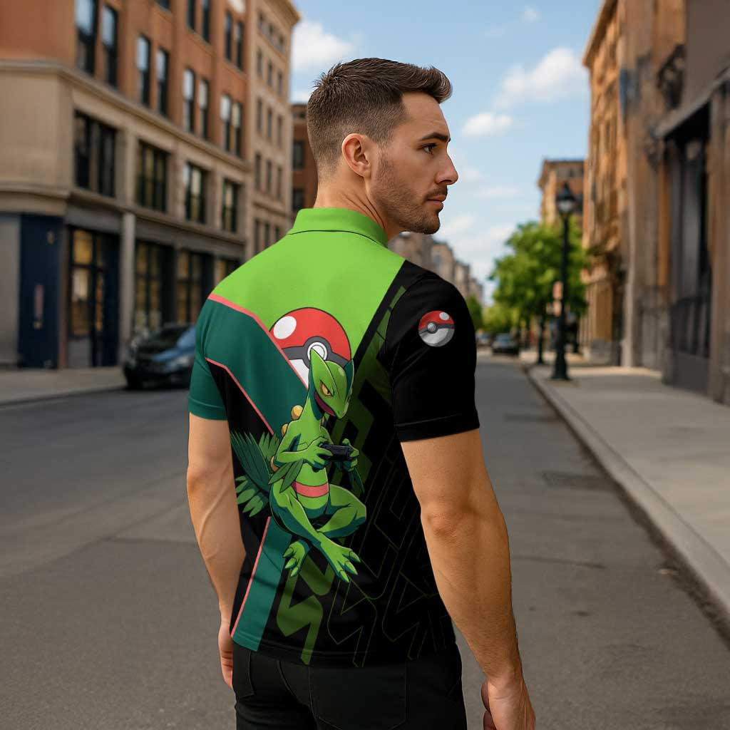 Sceptile Poké Zipper Polo Shirt Neon Retro Anime Style