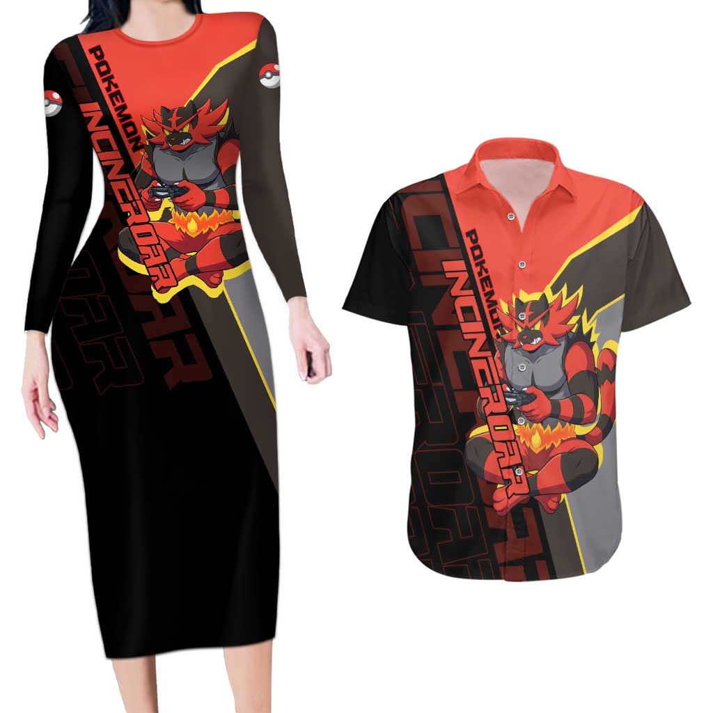 Incineroar Poké Couples Matching Long Sleeve Bodycon Dress and Hawaiian Shirt Bold Retro Anime Style