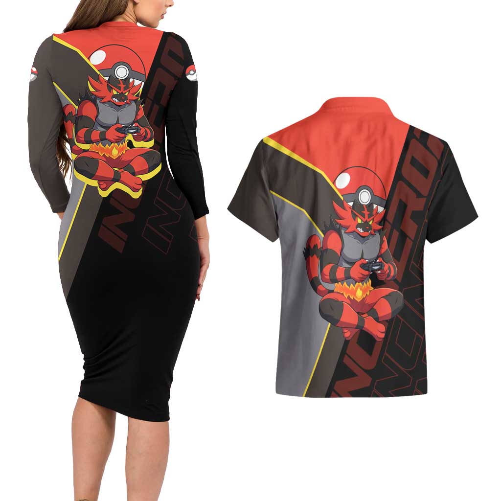 Incineroar Poké Couples Matching Long Sleeve Bodycon Dress and Hawaiian Shirt Bold Retro Anime Style