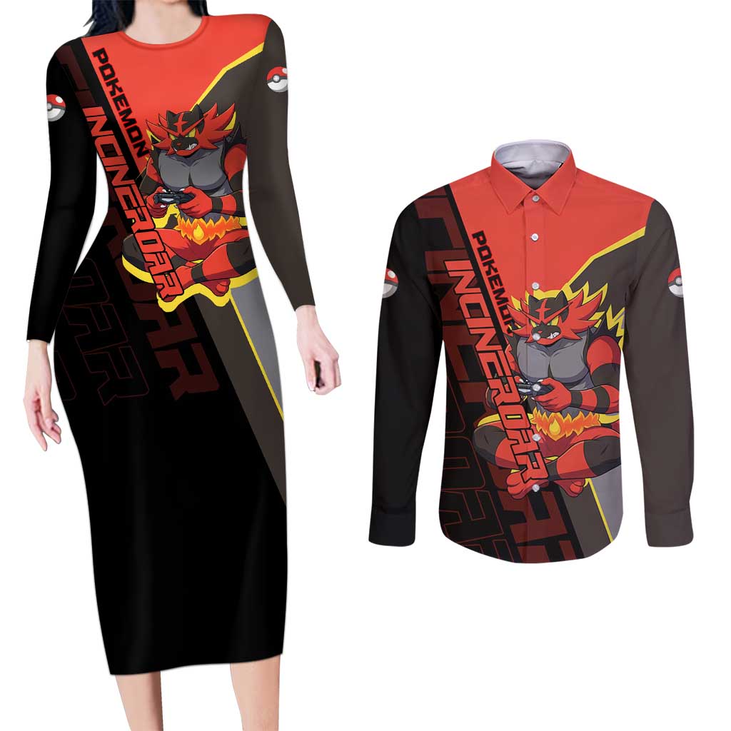 Incineroar Poké Couples Matching Long Sleeve Bodycon Dress and Long Sleeve Button Shirt Bold Retro Anime Style