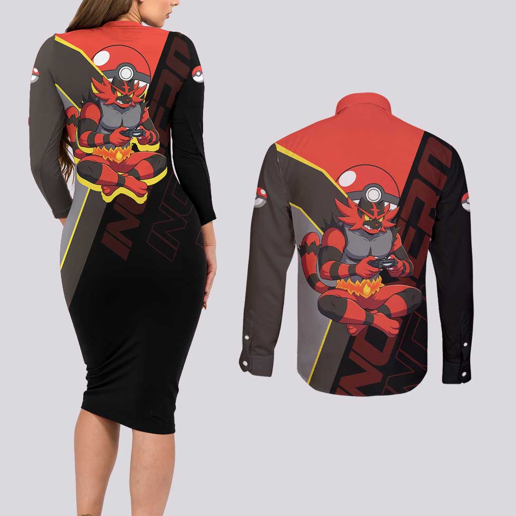 Incineroar Poké Couples Matching Long Sleeve Bodycon Dress and Long Sleeve Button Shirt Bold Retro Anime Style