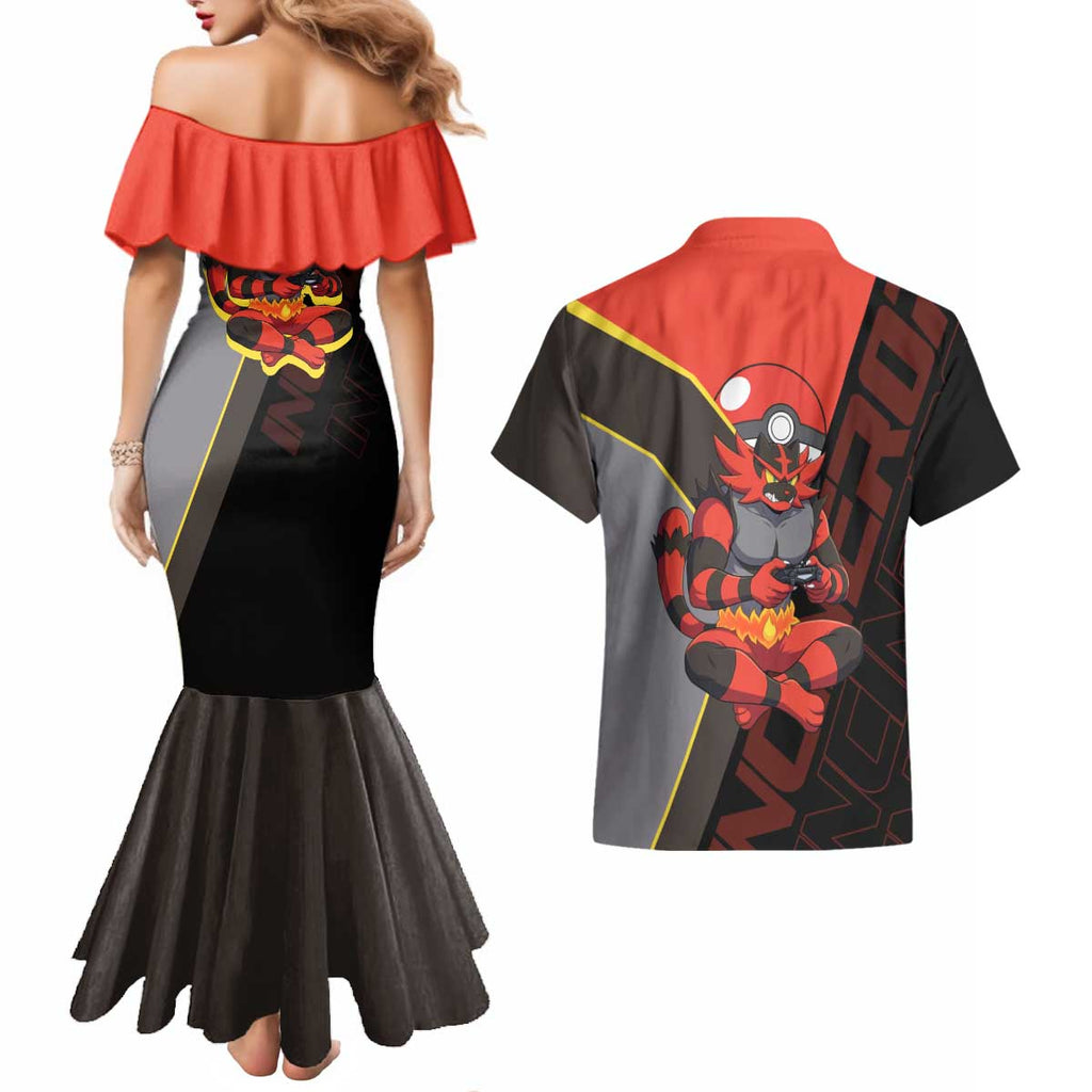 Incineroar Poké Couples Matching Mermaid Dress and Hawaiian Shirt Bold Retro Anime Style