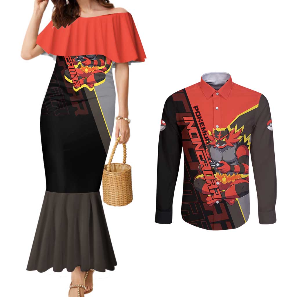 Incineroar Poké Couples Matching Mermaid Dress and Long Sleeve Button Shirt Bold Retro Anime Style