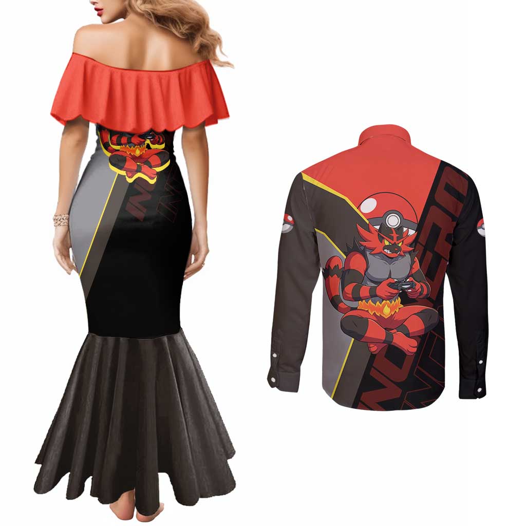 Incineroar Poké Couples Matching Mermaid Dress and Long Sleeve Button Shirt Bold Retro Anime Style