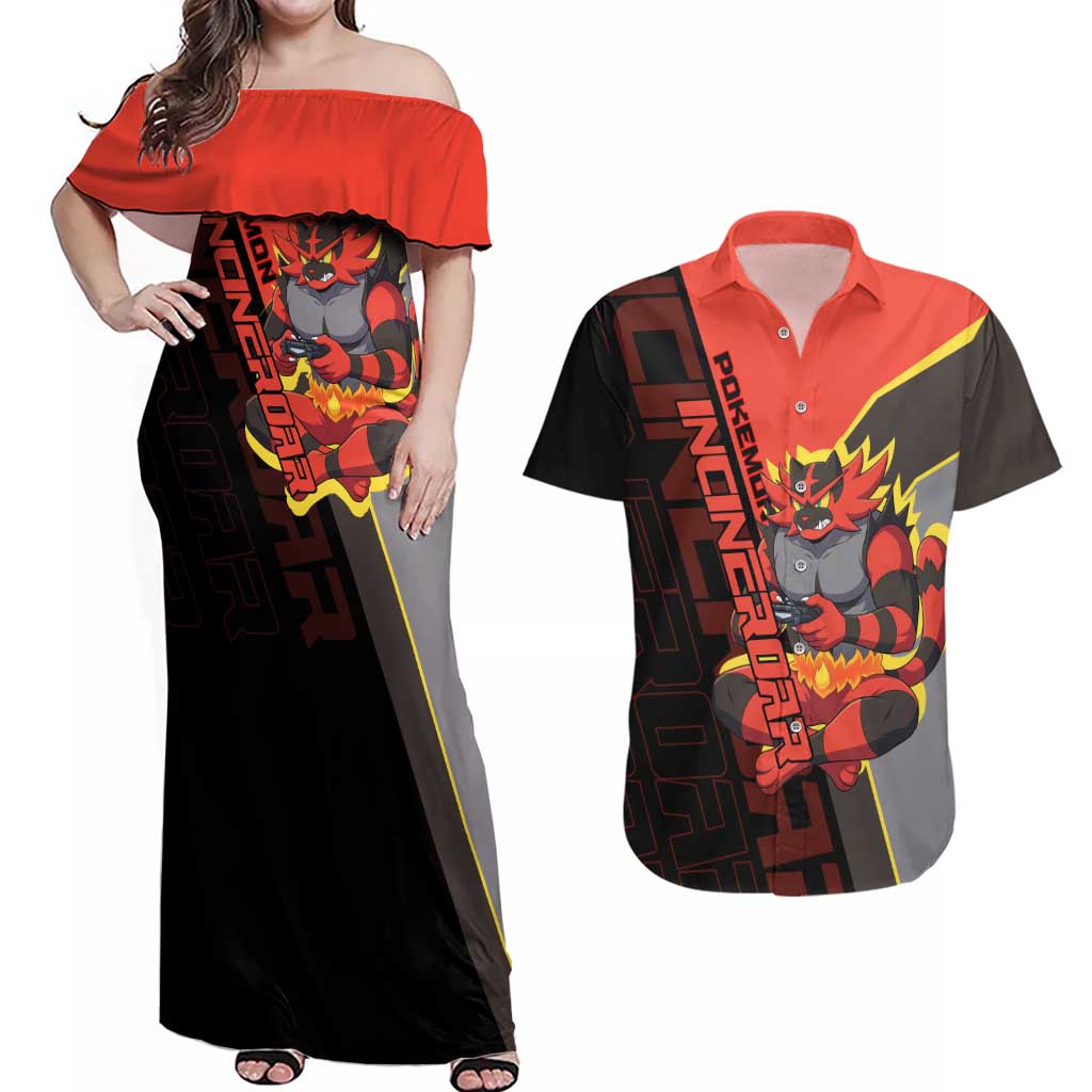 Incineroar Poké Couples Matching Off Shoulder Maxi Dress and Hawaiian Shirt Bold Retro Anime Style