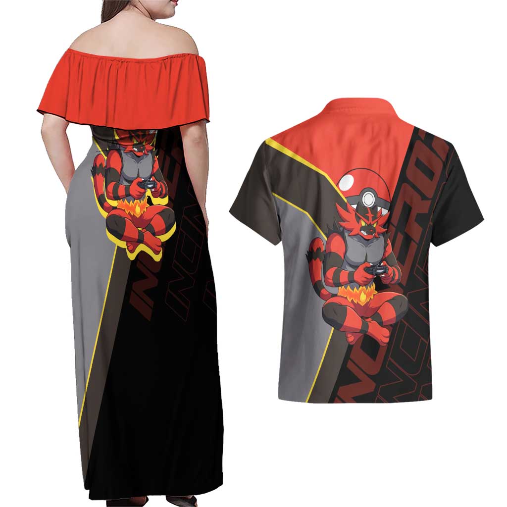 Incineroar Poké Couples Matching Off Shoulder Maxi Dress and Hawaiian Shirt Bold Retro Anime Style