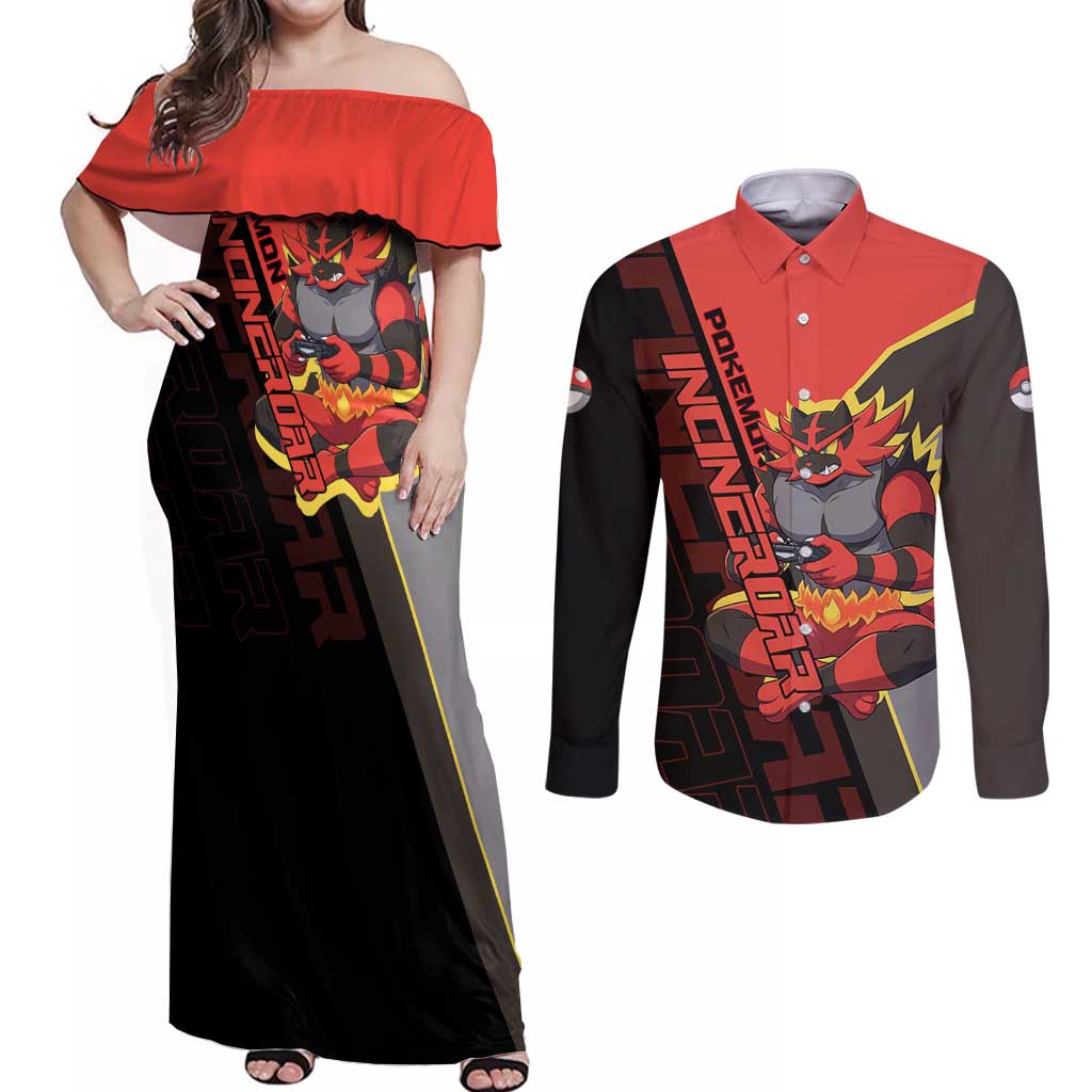 Incineroar Poké Couples Matching Off Shoulder Maxi Dress and Long Sleeve Button Shirt Bold Retro Anime Style