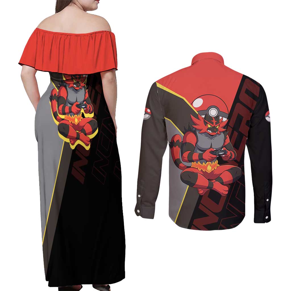 Incineroar Poké Couples Matching Off Shoulder Maxi Dress and Long Sleeve Button Shirt Bold Retro Anime Style