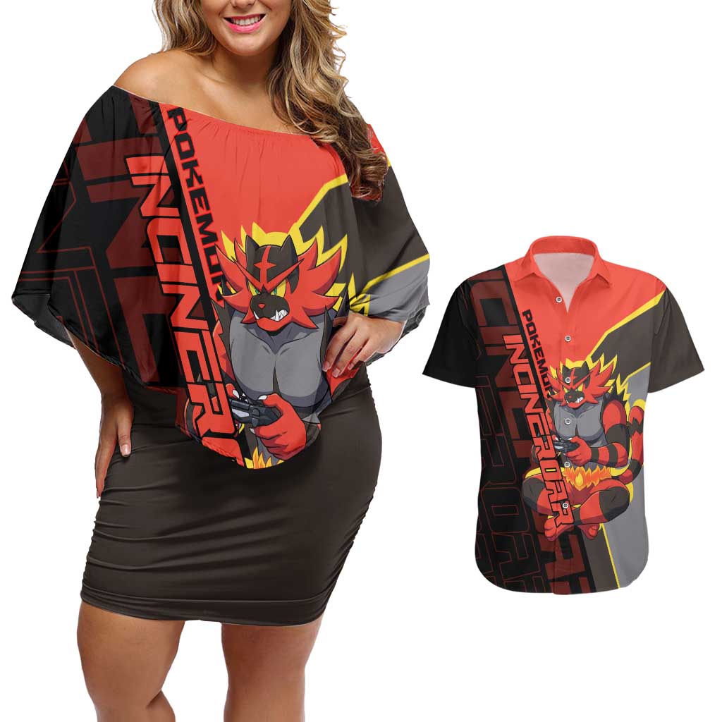Incineroar Poké Couples Matching Off Shoulder Short Dress and Hawaiian Shirt Bold Retro Anime Style