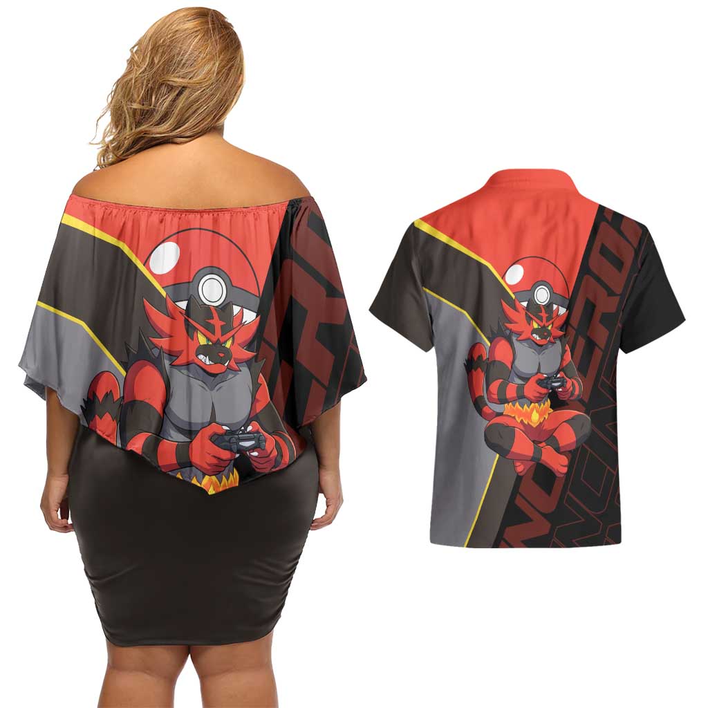 Incineroar Poké Couples Matching Off Shoulder Short Dress and Hawaiian Shirt Bold Retro Anime Style