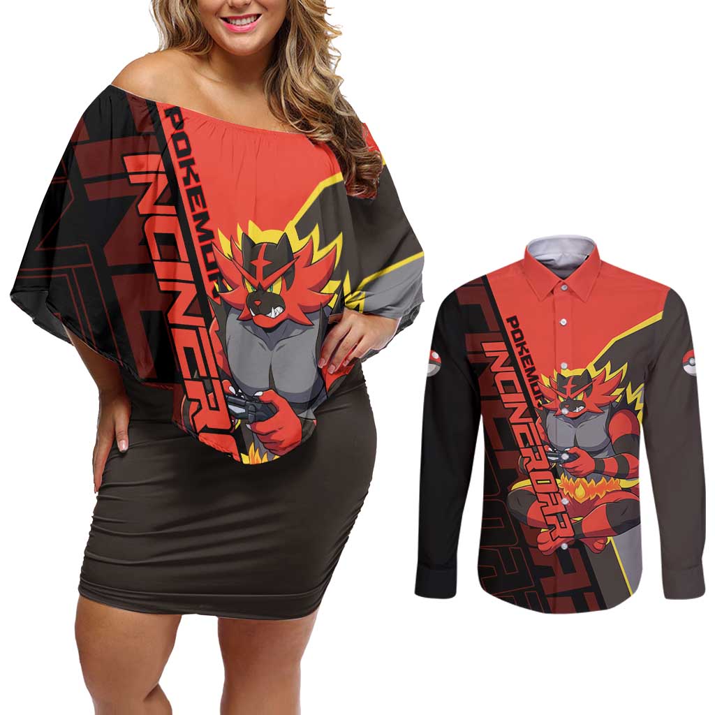 Incineroar Poké Couples Matching Off Shoulder Short Dress and Long Sleeve Button Shirt Bold Retro Anime Style